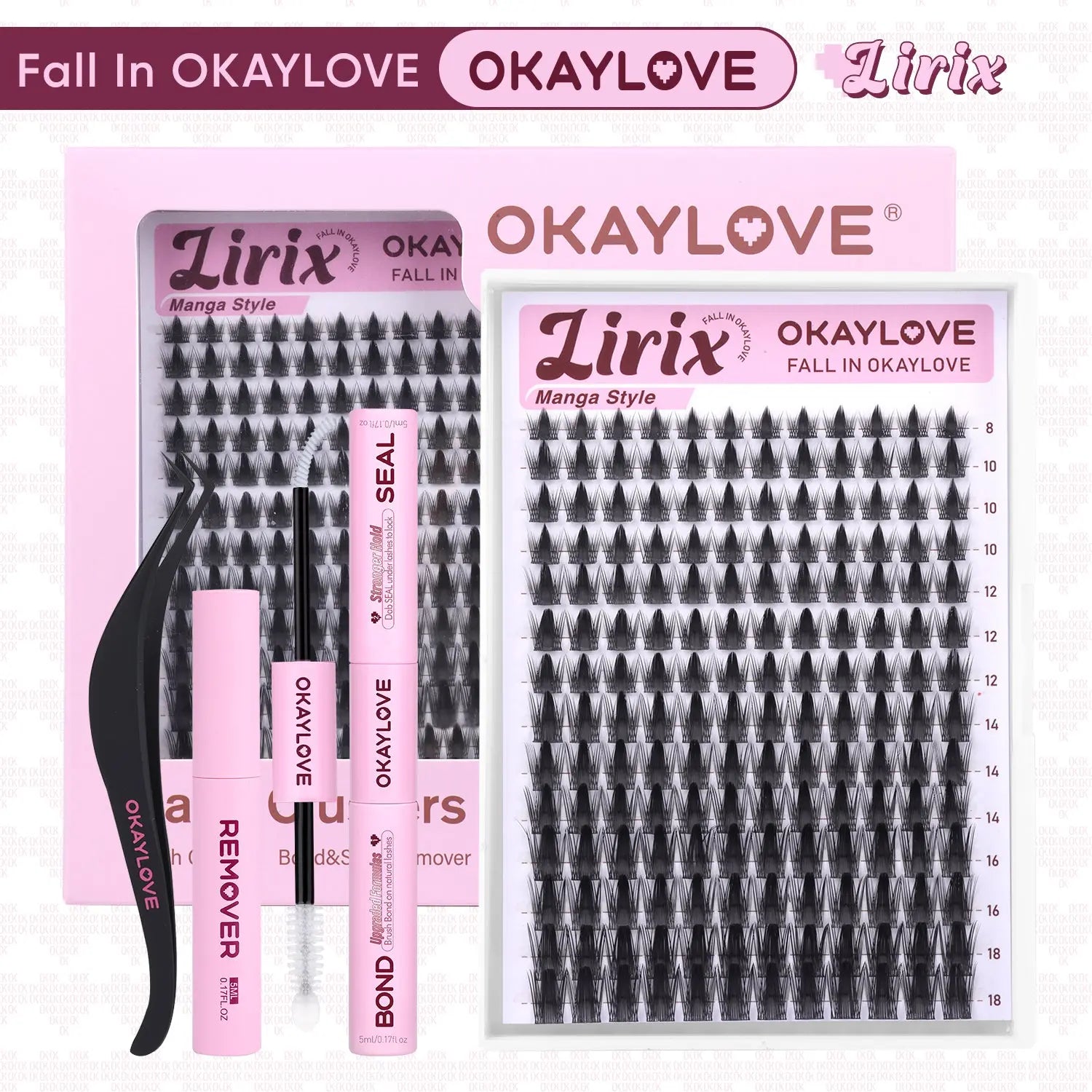 OKAYLOVE Lirix Manga Lash Clusters Kit - Lightweight Soft Fibers Cosmetic Beauty Product, 1-2 Weeks Long-lasting Lash Bond & Seal, Tweezers, Eyelash Remover for DIY Home Use, Back to School Gift, Eyelash Clusters Kit OKAYLOVE