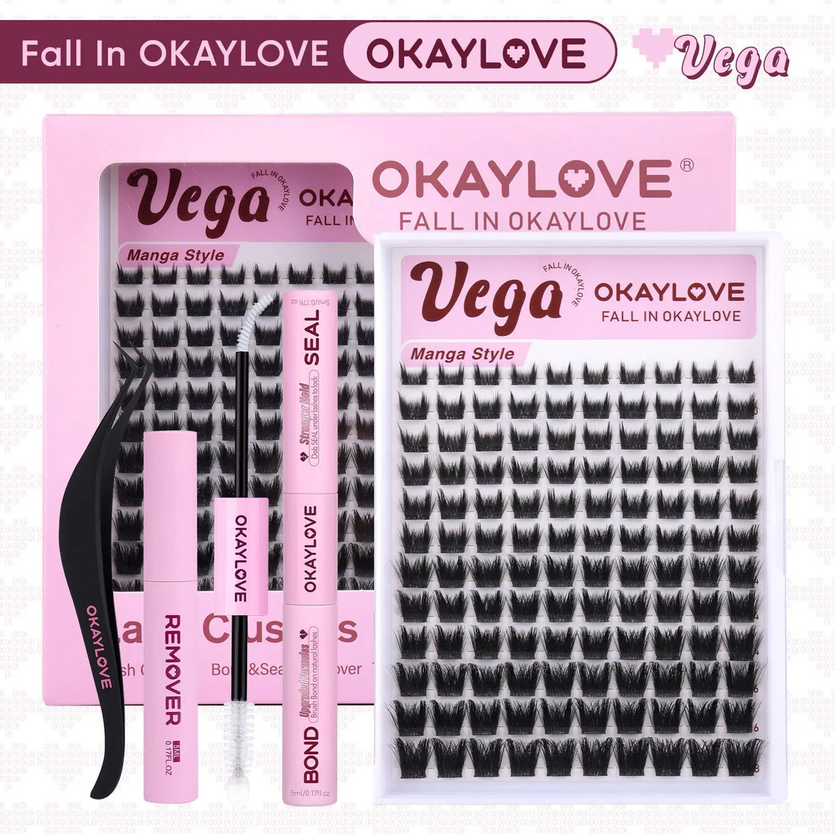 OKAYLOVE Vega Manga Lash Clusters Kit - 8-18MM D Curl Lash Extension Kit, Lightweight DIY Eyelashes Extensions Set with 1-2 Weeks Long-lasting Bond & Seal, Tweezers, Remover for Bold Spikes, Volume, Home Makeup Anime Look OKAYLOVE