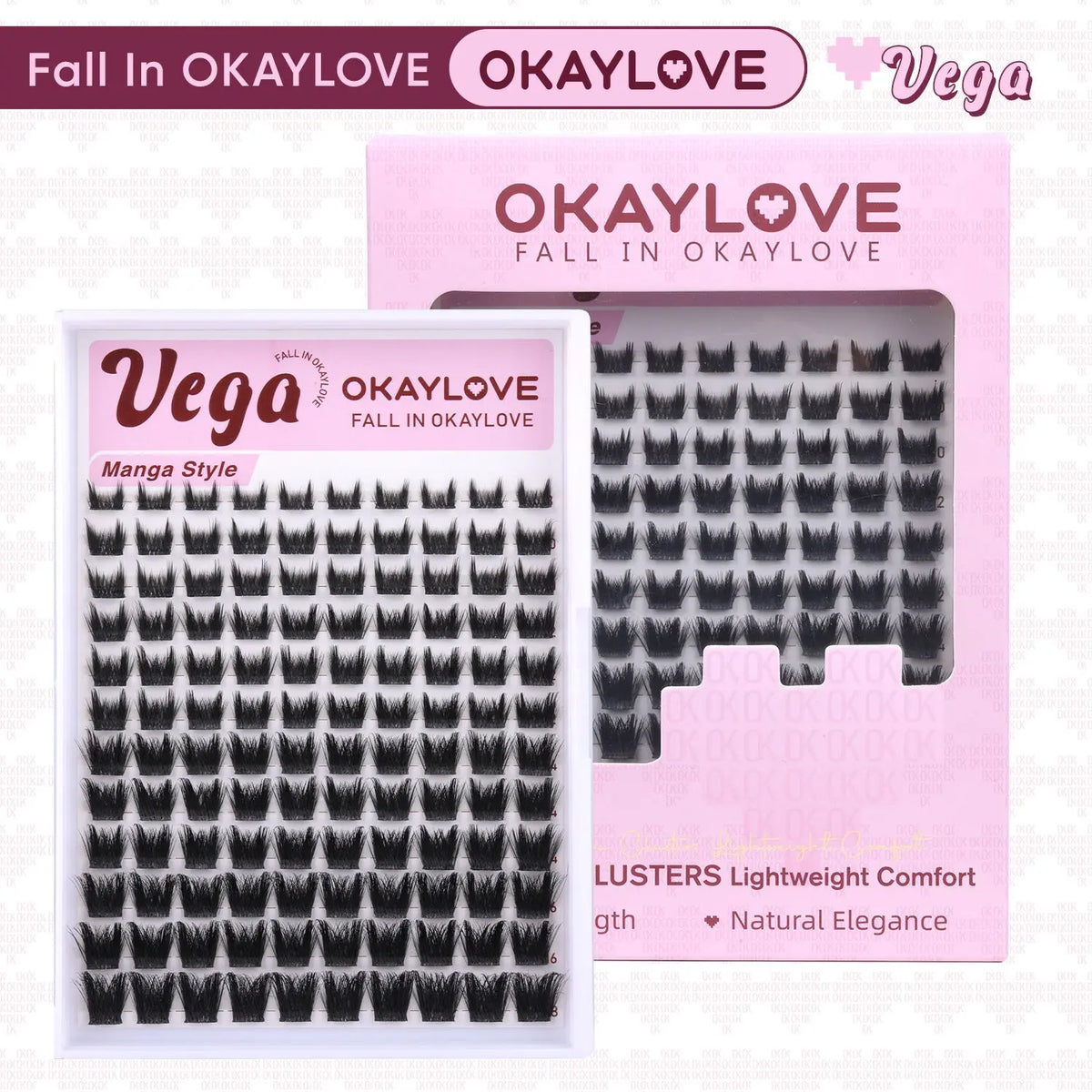 OKAYLOVE Vega Manga Lash Clusters Kit - 8-18MM D Curl Lash Extension Kit, Lightweight DIY Eyelashes Extensions Set with 1-2 Weeks Long-lasting Bond & Seal, Tweezers, Remover for Bold Spikes, Volume, Home Makeup Anime Look OKAYLOVE