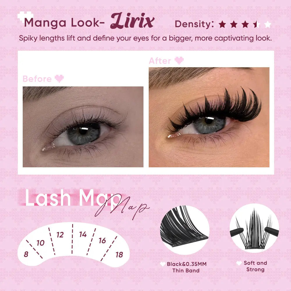 OKAYLOVE Lirix Manga Lash Clusters Kit - Lightweight Soft Fibers Cosmetic Beauty Product, 1-2 Weeks Long-lasting Lash Bond & Seal, Tweezers, Eyelash Remover for DIY Home Use, Back to School Gift, Eyelash Clusters Kit OKAYLOVE