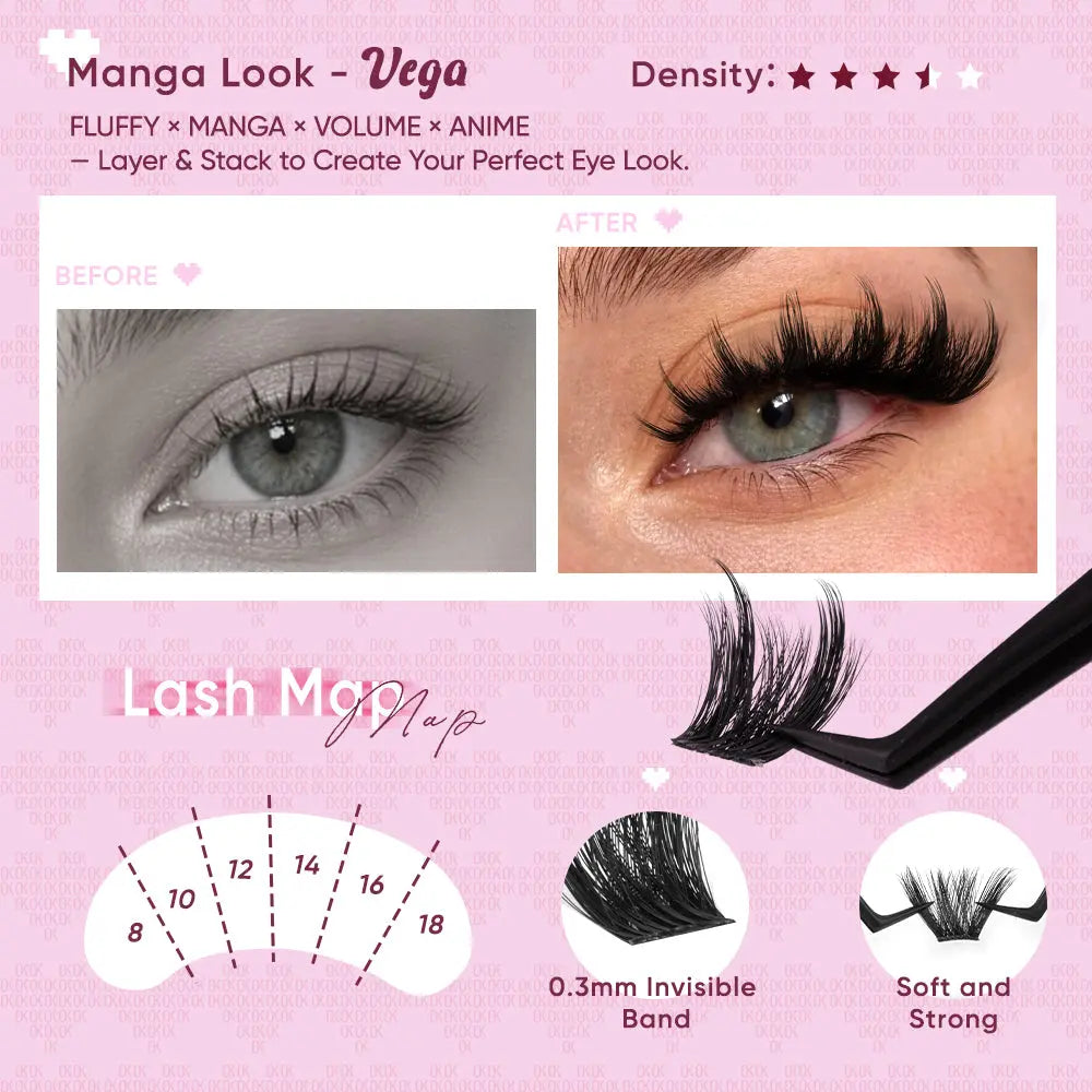 OKAYLOVE Vega Manga Lash Clusters Kit - 8-18MM D Curl Lash Extension Kit, Lightweight DIY Eyelashes Extensions Set with 1-2 Weeks Long-lasting Bond & Seal, Tweezers, Remover for Bold Spikes, Volume, Home Makeup Anime Look OKAYLOVE
