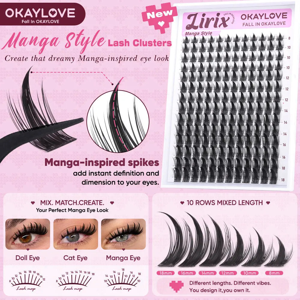 OKAYLOVE Lirix Manga Lash Clusters Kit - Lightweight Soft Fibers Cosmetic Beauty Product, 1-2 Weeks Long-lasting Lash Bond & Seal, Tweezers, Eyelash Remover for DIY Home Use, Back to School Gift, Eyelash Clusters Kit OKAYLOVE
