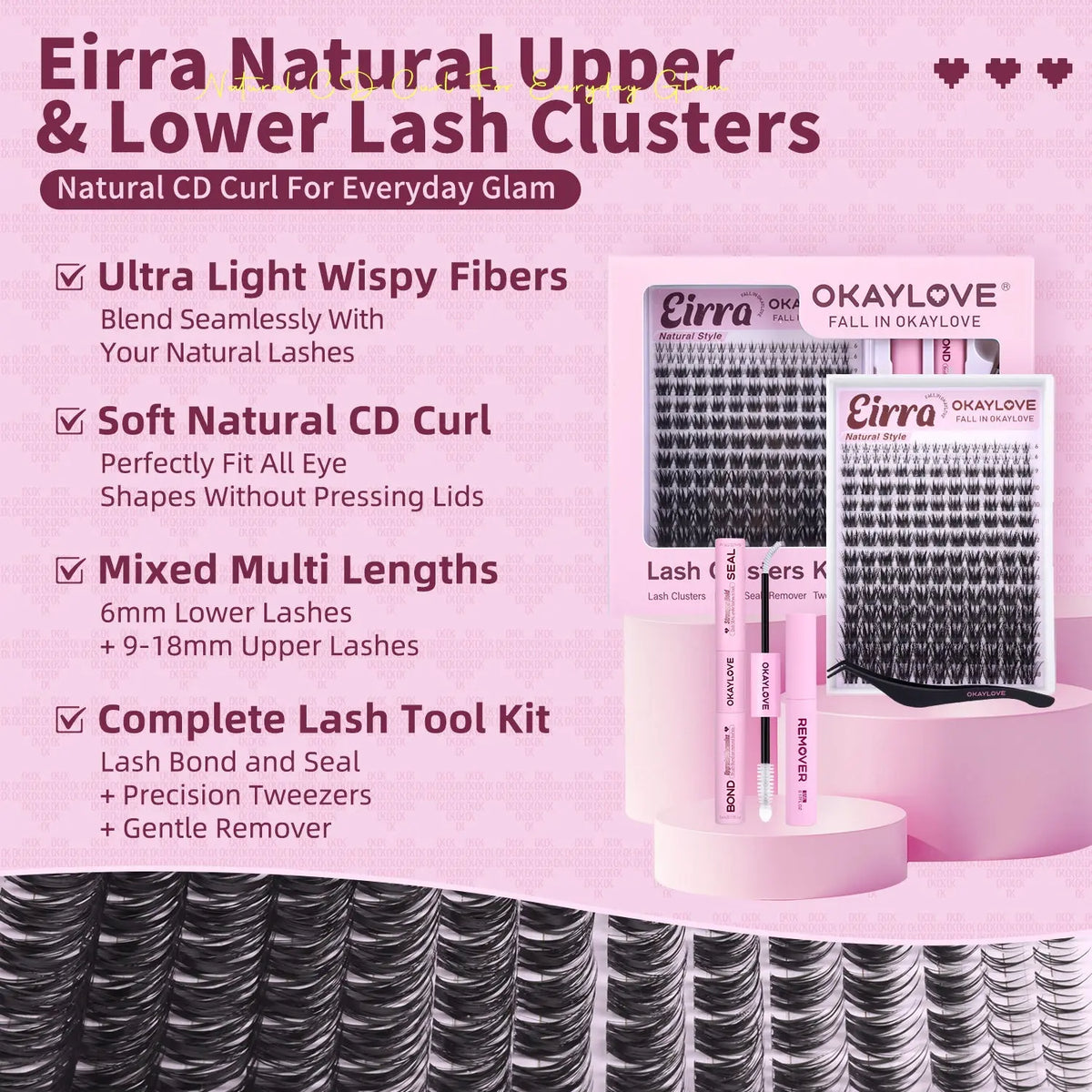 OKAYLOVE Eirra Nature Cross Cluster Lashes Kit - Softer Fibers Wispy Natural Cluster Set, DIY Eyelash Extension Kit for Makeup Enthusiasts, Ideal Girl Gift #backtoschool #sohochic OKAYLOVE