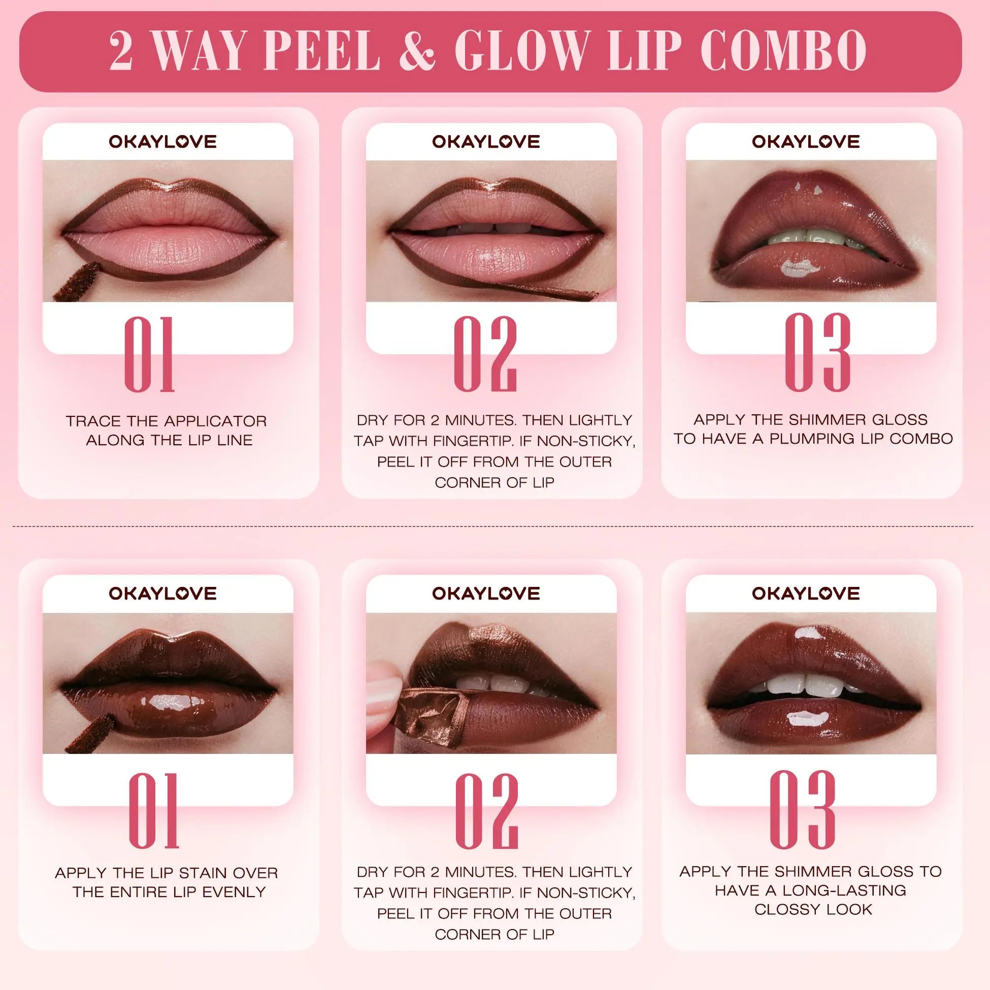 OKAYLOVE Peel&Glow 2-in-1 Lip Stain & Shimmer Gloss Duo, Long Lasting Lip Stain, Hydrating Non Sticky Glossy Lip Makeup OKAYLOVE