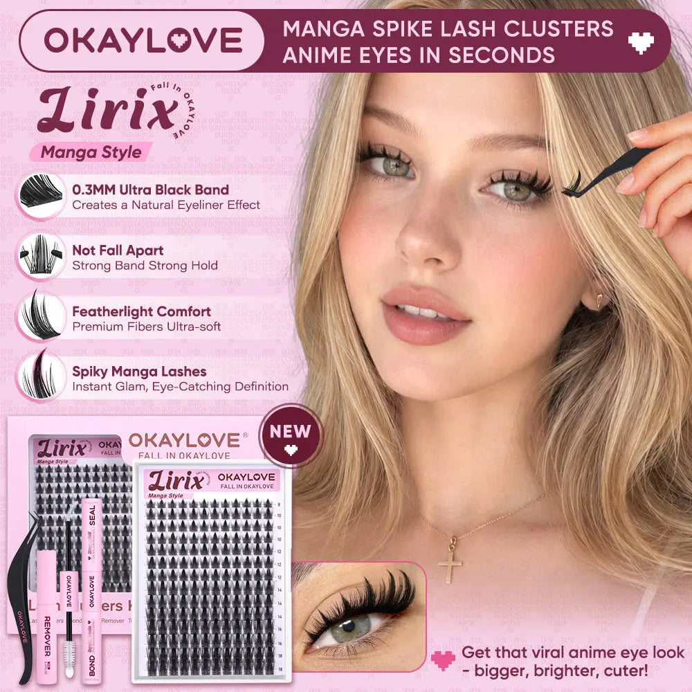 OKAYLOVE Lirix Manga Lash Clusters Kit - Lightweight Soft Fibers Cosmetic Beauty Product, 1-2 Weeks Long-lasting Lash Bond & Seal, Tweezers, Eyelash Remover for DIY Home Use, Back to School Gift, Eyelash Clusters Kit OKAYLOVE