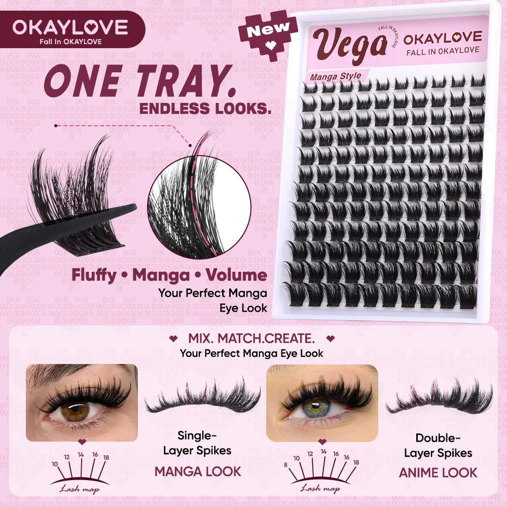 OKAYLOVE Vega Manga Lash Clusters Kit - 8-18MM D Curl Lash Extension Kit, Lightweight DIY Eyelashes Extensions Set with 1-2 Weeks Long-lasting Bond & Seal, Tweezers, Remover for Bold Spikes, Volume, Home Makeup Anime Look OKAYLOVE