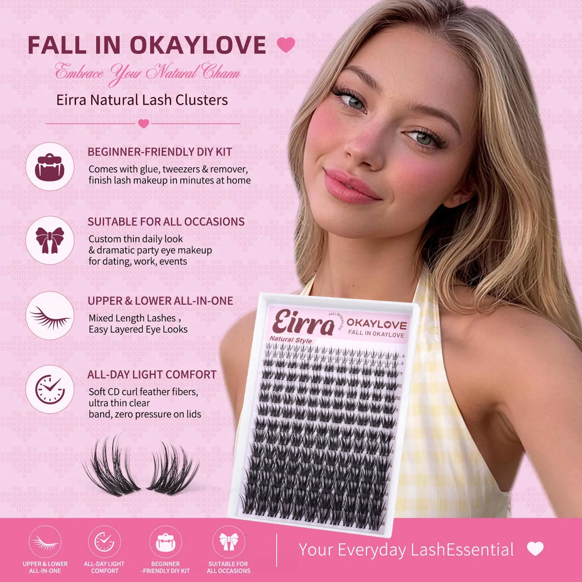 OKAYLOVE Eirra Nature Cross Cluster Lashes Kit - Softer Fibers Wispy Natural Cluster Set, DIY Eyelash Extension Kit for Makeup Enthusiasts, Ideal Girl Gift #backtoschool #sohochic OKAYLOVE