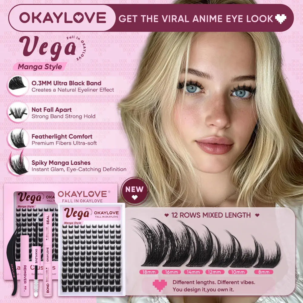OKAYLOVE Vega Manga Lash Clusters Kit - 8-18MM D Curl Lash Extension Kit, Lightweight DIY Eyelashes Extensions Set with 1-2 Weeks Long-lasting Bond & Seal, Tweezers, Remover for Bold Spikes, Volume, Home Makeup Anime Look OKAYLOVE