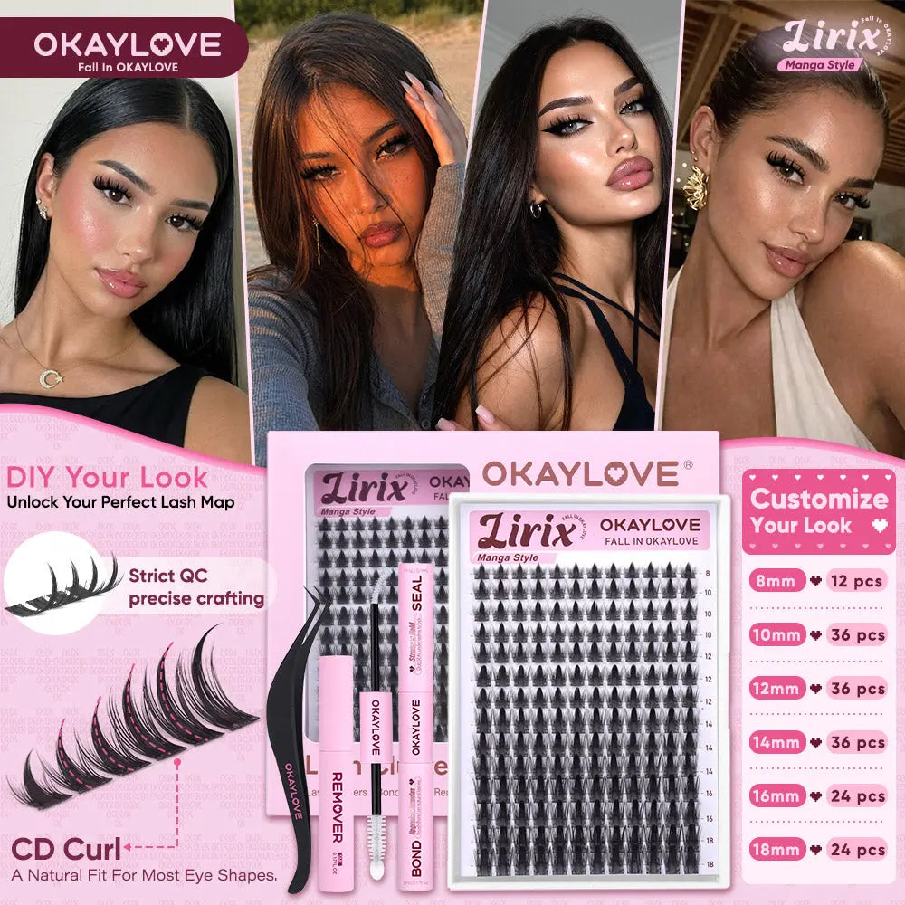 OKAYLOVE Lirix Manga Lash Clusters Kit - Lightweight Soft Fibers Cosmetic Beauty Product, 1-2 Weeks Long-lasting Lash Bond & Seal, Tweezers, Eyelash Remover for DIY Home Use, Back to School Gift, Eyelash Clusters Kit OKAYLOVE