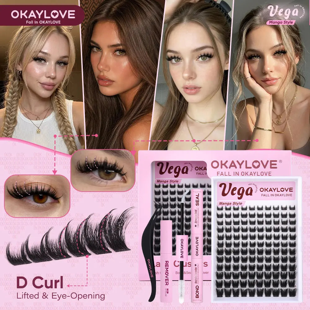OKAYLOVE Vega Manga Lash Clusters Kit - 8-18MM D Curl Lash Extension Kit, Lightweight DIY Eyelashes Extensions Set with 1-2 Weeks Long-lasting Bond & Seal, Tweezers, Remover for Bold Spikes, Volume, Home Makeup Anime Look OKAYLOVE