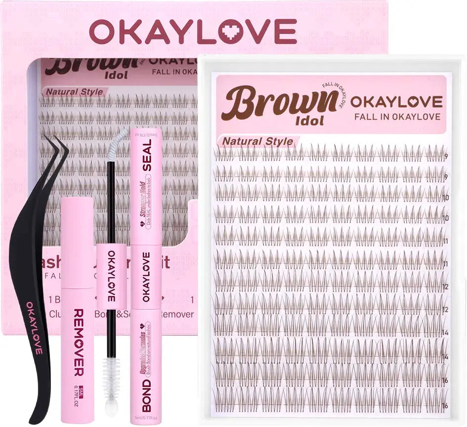 OKAYLOVE®   Brown Idol | Idol Lash Clusters Kit Wispy D Curl Lashes Extension Kit  Look Like Real Lashes DIY Eyelash at Home for Natural Makeup Girl Cosmetic Gifts OKAYLOVE
