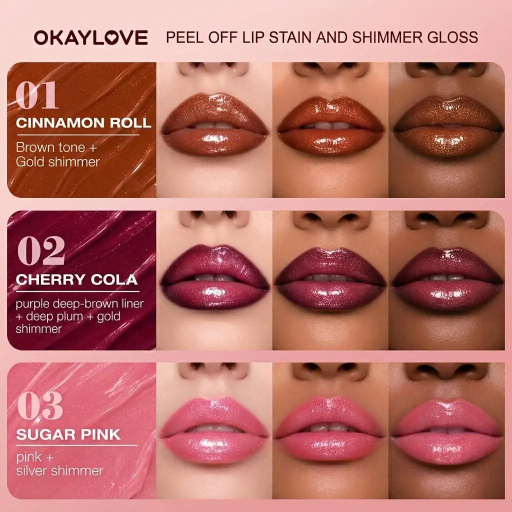 OKAYLOVE Peel&Glow 2-in-1 Lip Stain & Shimmer Gloss Duo, Long Lasting Lip Stain, Hydrating Non Sticky Glossy Lip Makeup OKAYLOVE