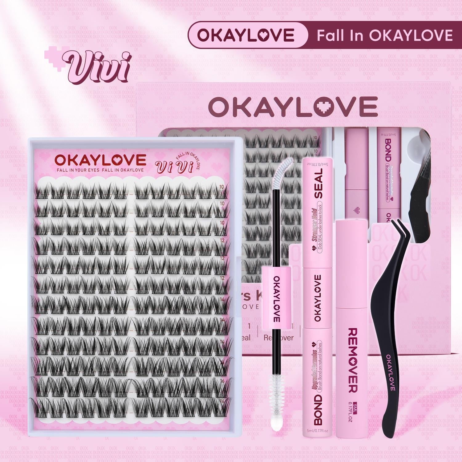 OKAYLOVE eyelash product set on a pink background with 'Vivi' branding.